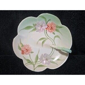Vintage Z. S. & Co. Trinket Dish with Handle - Flowers On Green With Gilt Edge